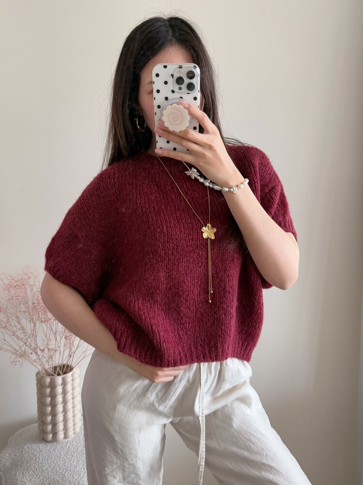 Lilla Short Sleeve Knit Sweater / Bordeaux Red