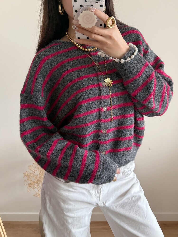 Phileine Striped Cardigan / Grey & Pink