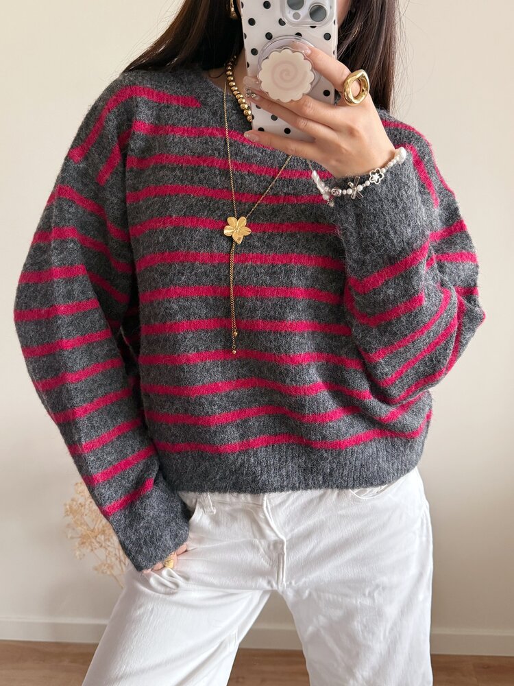 Madison Striped Sweater / Grey & Pink