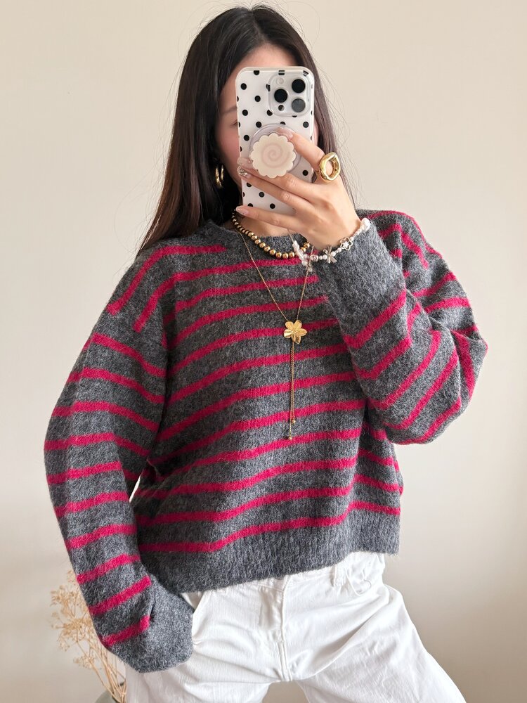 Madison Striped Sweater / Grey & Pink