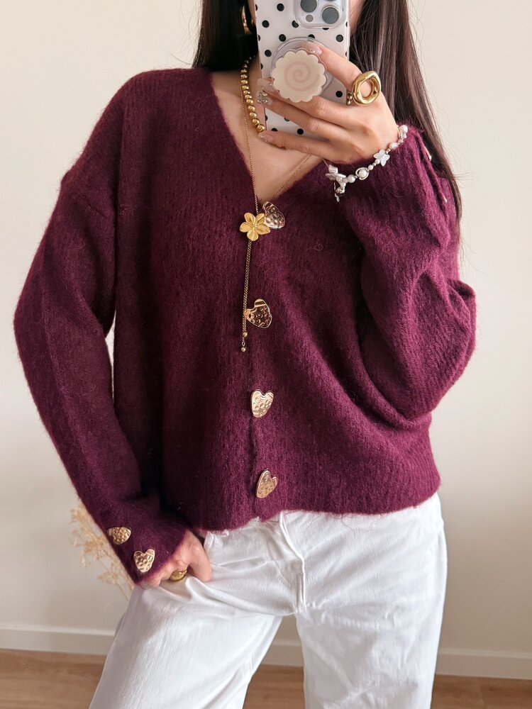 Amanda Heart Buttons Cardigan / Bordeaux Red