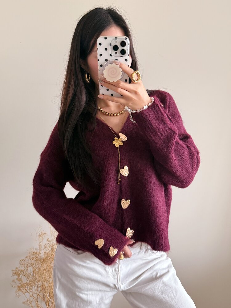 Amanda Heart Buttons Cardigan / Bordeaux Red
