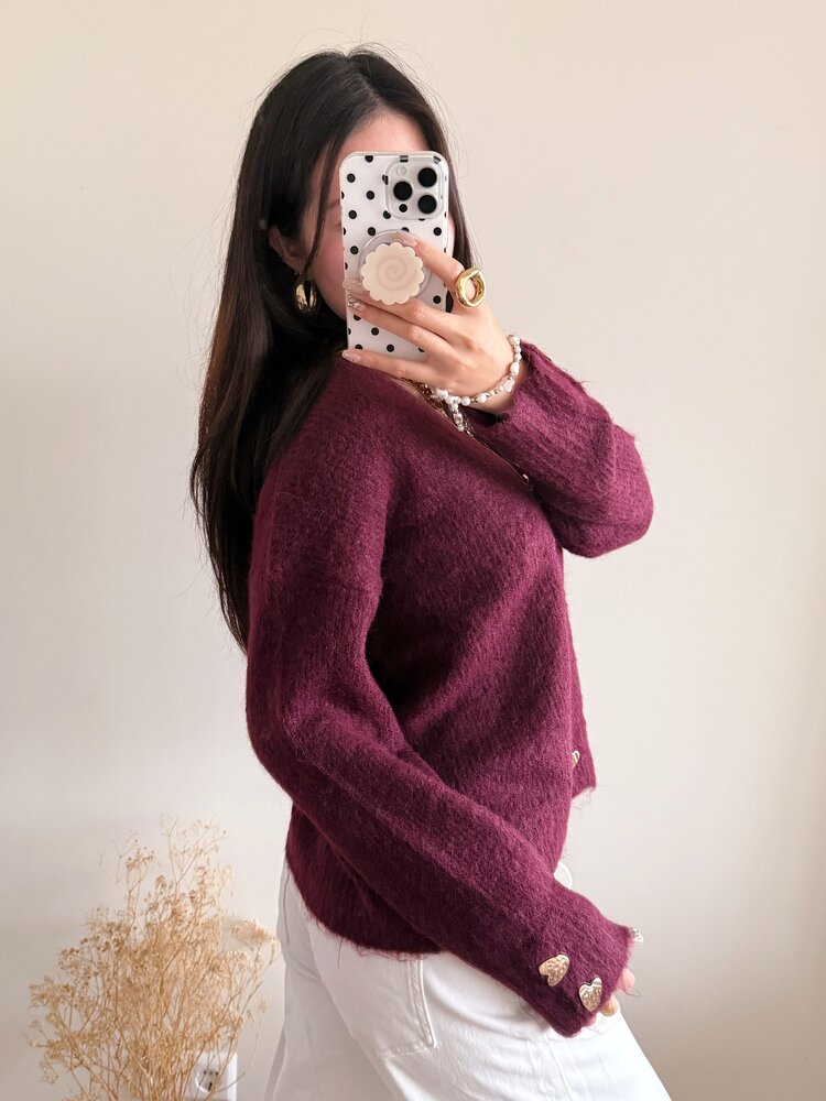 Amanda Heart Buttons Cardigan / Bordeaux Red