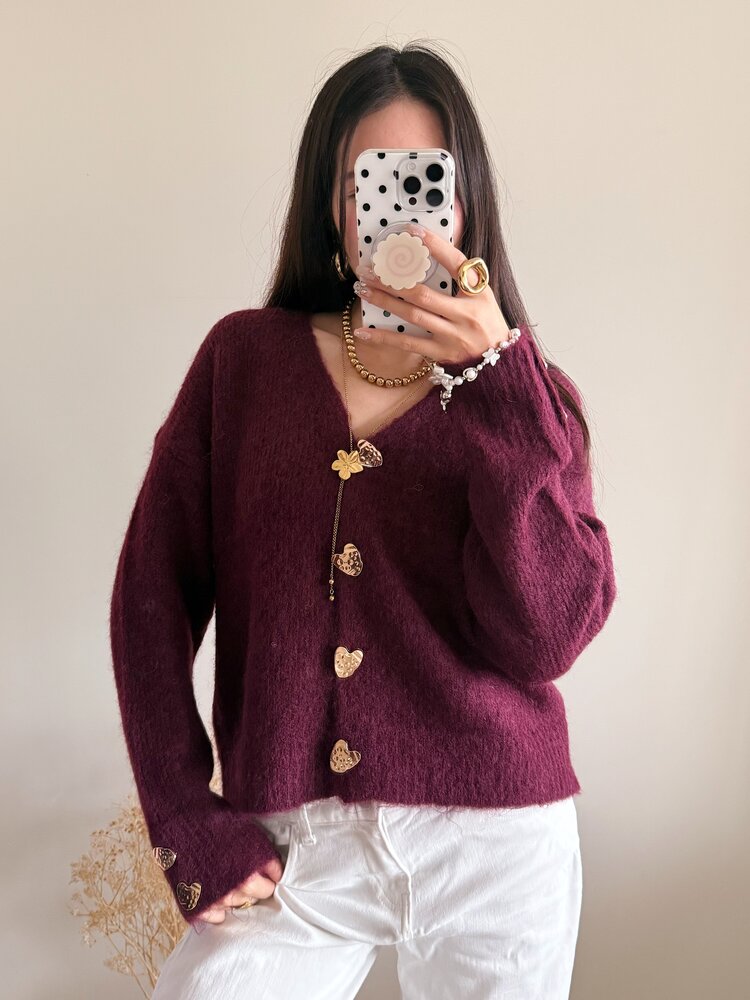 Amanda Heart Buttons Cardigan / Bordeaux Red