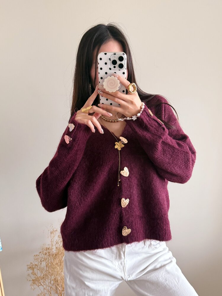 Amanda Heart Buttons Cardigan / Bordeaux Red