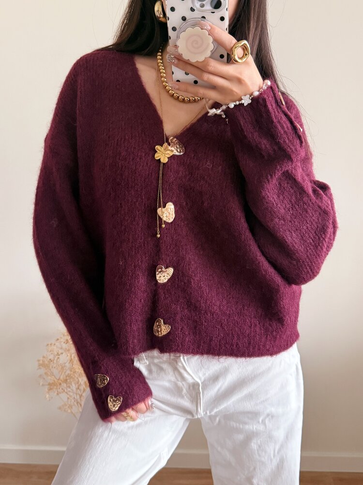Amanda Heart Buttons Cardigan / Bordeaux Red