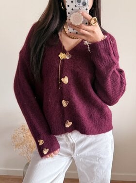 Amanda Heart Buttons Cardigan / Bordeaux Red