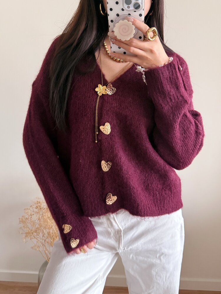 Amanda Heart Buttons Cardigan / Bordeaux Red
