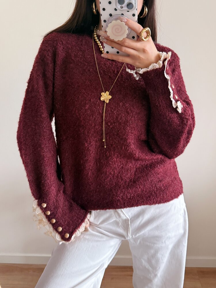 Mayci Embroidery Knit Sweater / Bordeaux Red