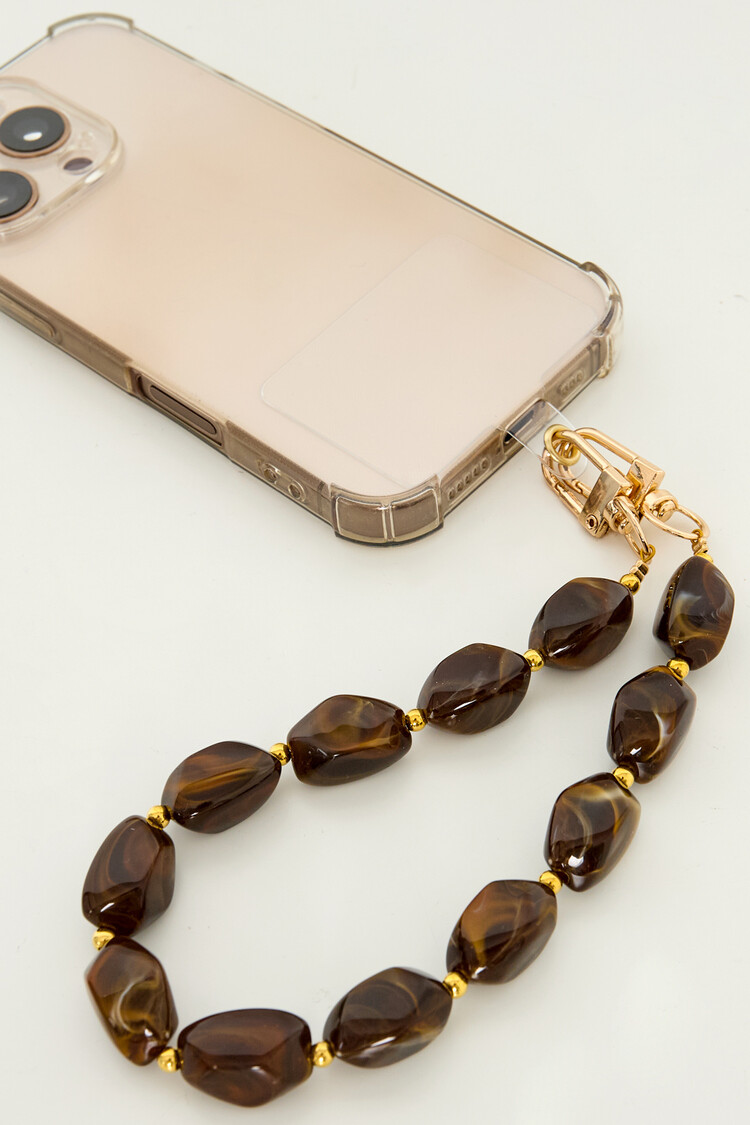 Gold Round Stone Dots Phone Cord / Dark Brown