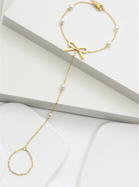 Gold Bow Pearl Hand Chain Bracelet
