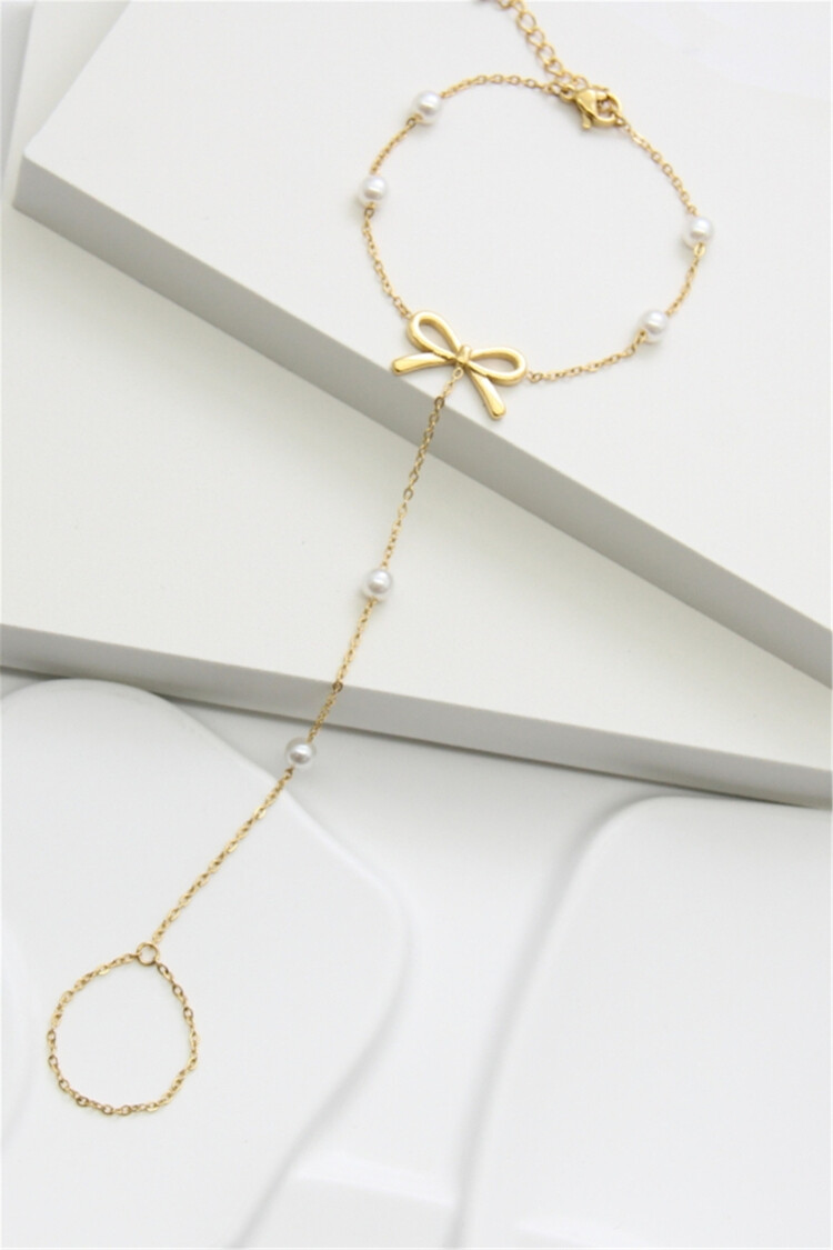 Gold Bow Pearl Hand Chain Bracelet