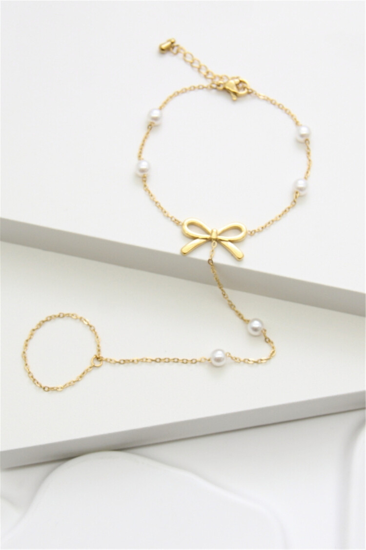 Gold Bow Pearl Hand Chain Bracelet
