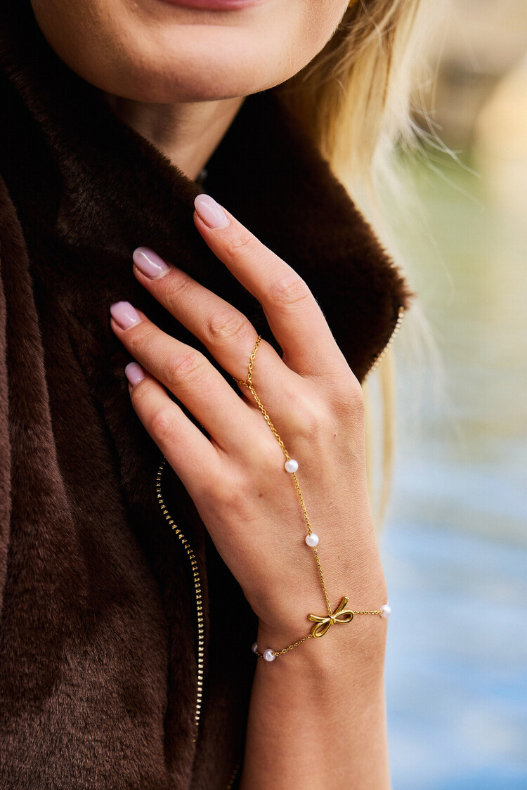 Gold Bow Pearl Hand Chain Bracelet