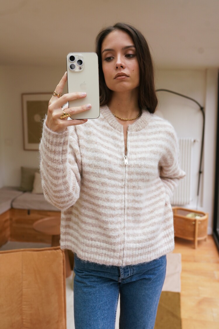 Yinni Striped Zip Cardigan / Beige