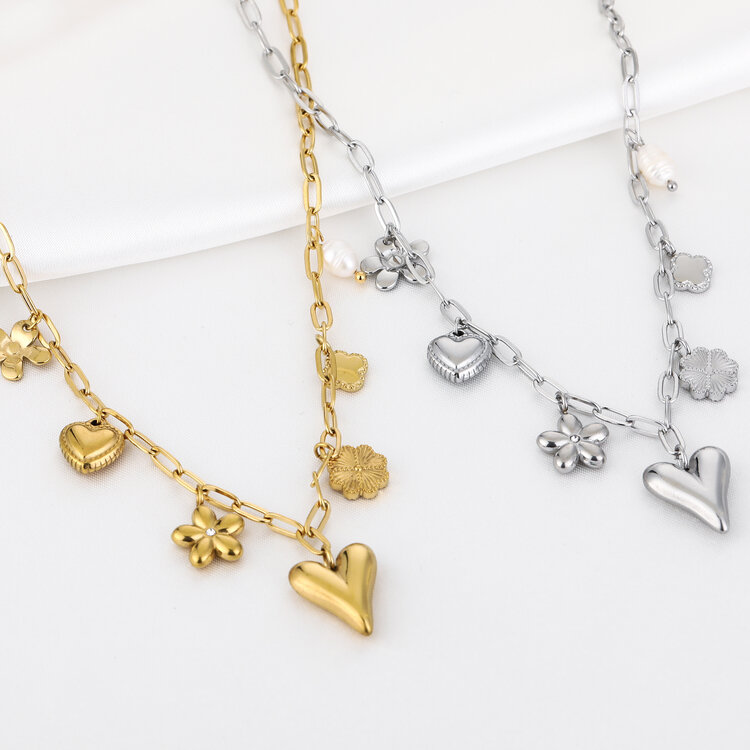 Gold Hearts & Flowers Mixed Charms Necklace