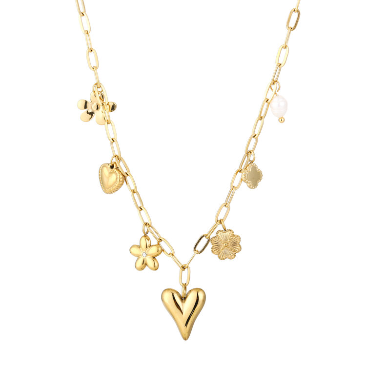 Gold Hearts & Flowers Mixed Charms Necklace