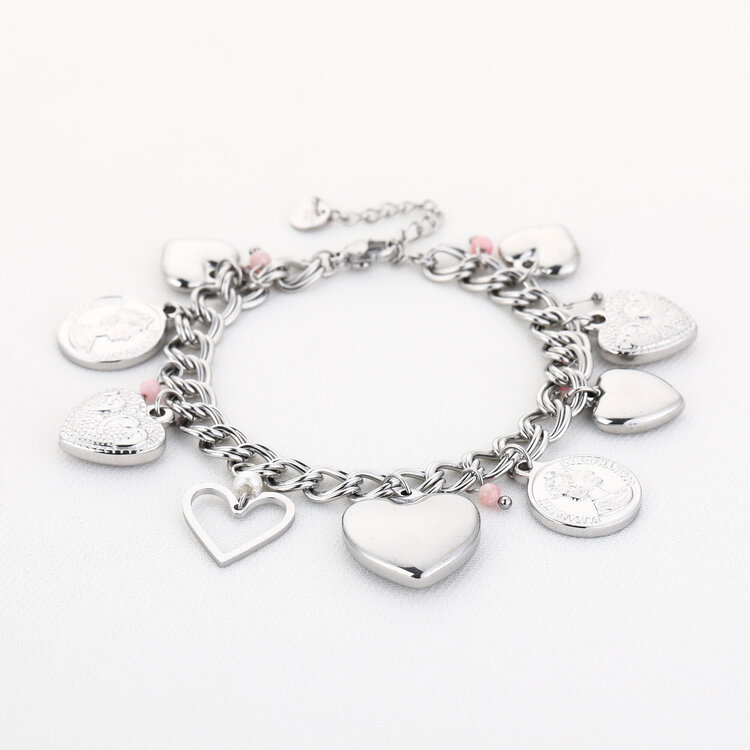 Silver Coins & Hearts Charms Link Bracelet