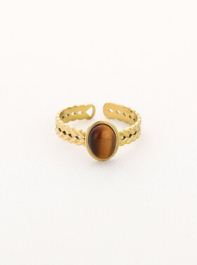 Gold Basic Natural Stone Ring / Tiger's Eye Brown