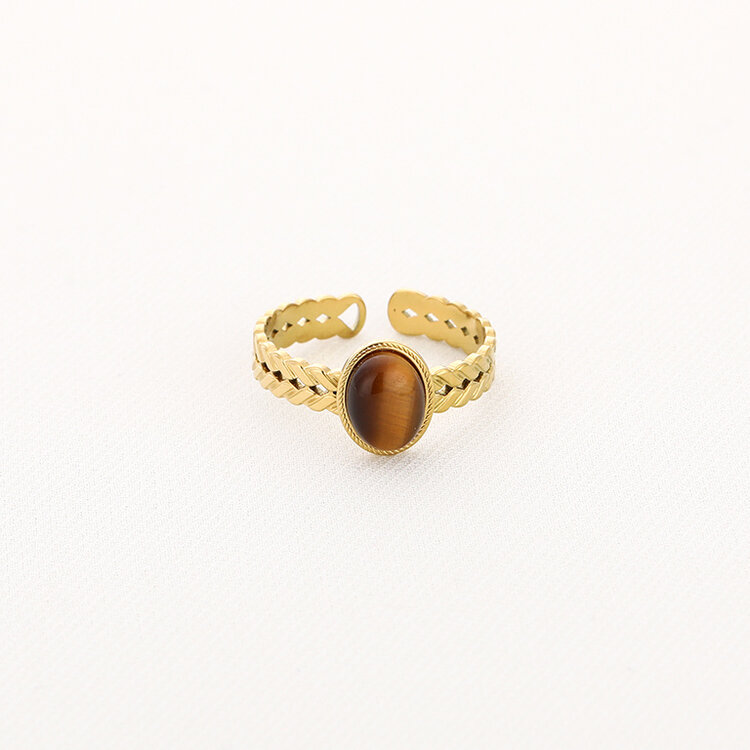 Gold Basic Natural Stone Ring / Tiger's Eye Brown