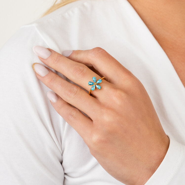 Gold Flower Crystal Ring / White