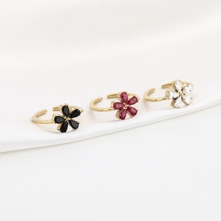Gold Flower Crystal Ring / White