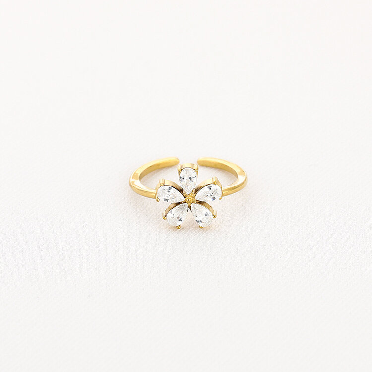 Gold Flower Crystal Ring / White