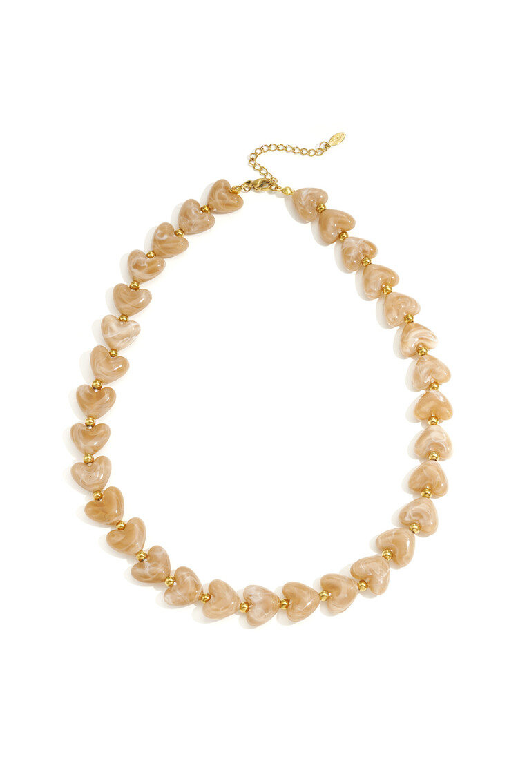 Small Heart Beaded Statement Necklace / Light Brown