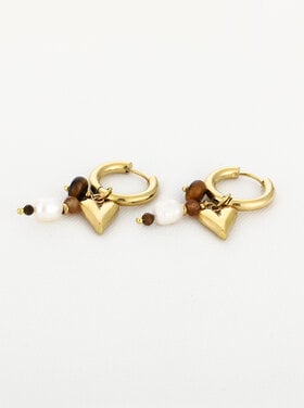 Gold Heart Beaded Earrings / Brown