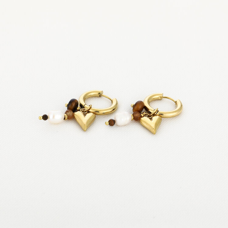 Gold Heart Beaded Earrings / Brown