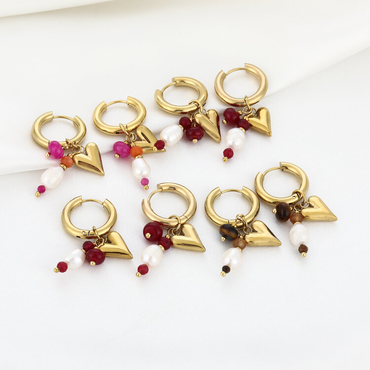 Gold Heart Beaded Earrings / Brown