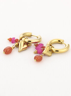 Gold Heart Beads Mix Earrings / Fuchsia