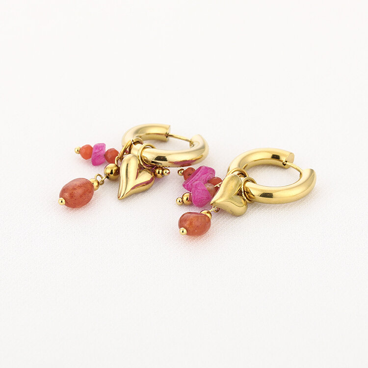 Gold Heart Beads Mix Earrings / Fuchsia