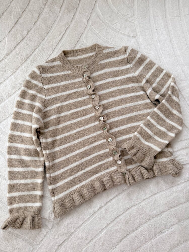 Svea Striped Ruffle Cardigan / Taupe