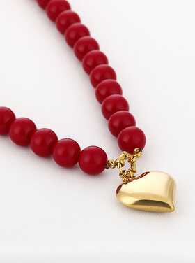 Heart Beaded Statement Necklace / Red