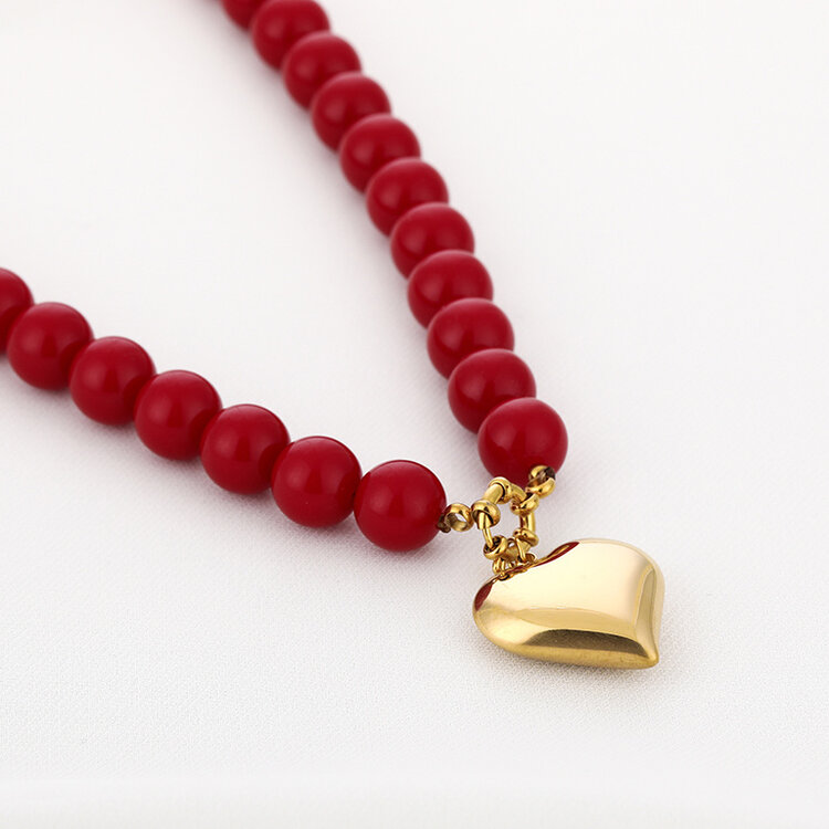 Heart Beaded Statement Necklace / Red