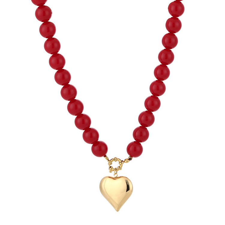 Heart Beaded Statement Necklace / Red