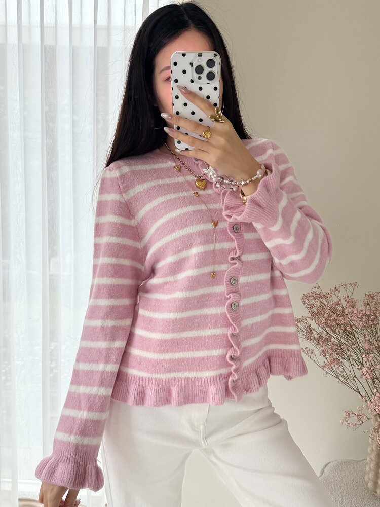 Svea Striped Ruffle Cardigan / Pink
