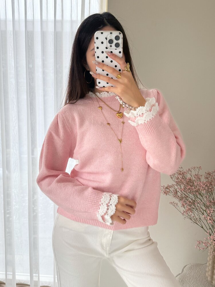 Luisa Embroidery Knit Sweater / Light Pink