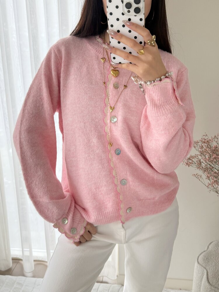 Luana Scallop Trim Cardigan / Pink