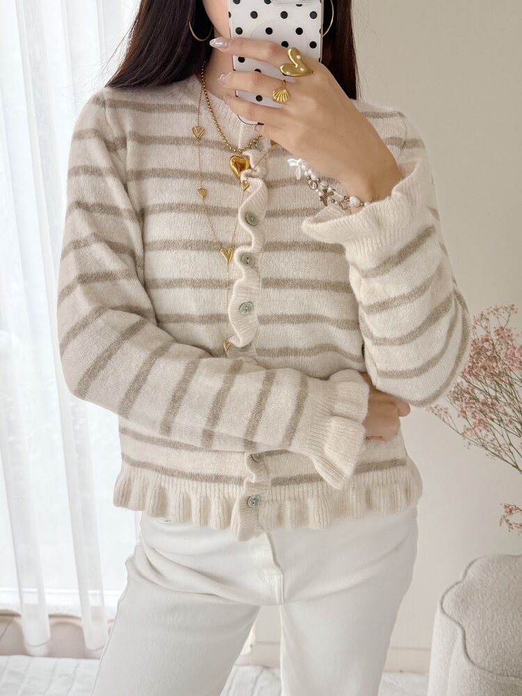 Svea Striped Ruffle Cardigan / Beige