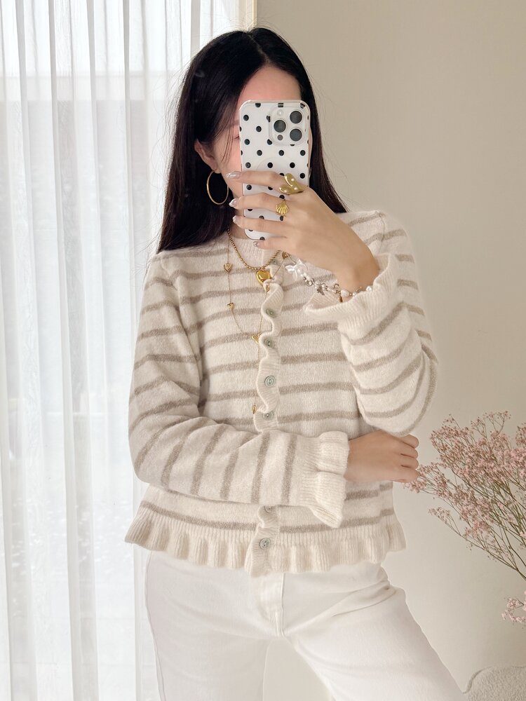 Svea Striped Ruffle Cardigan / Beige