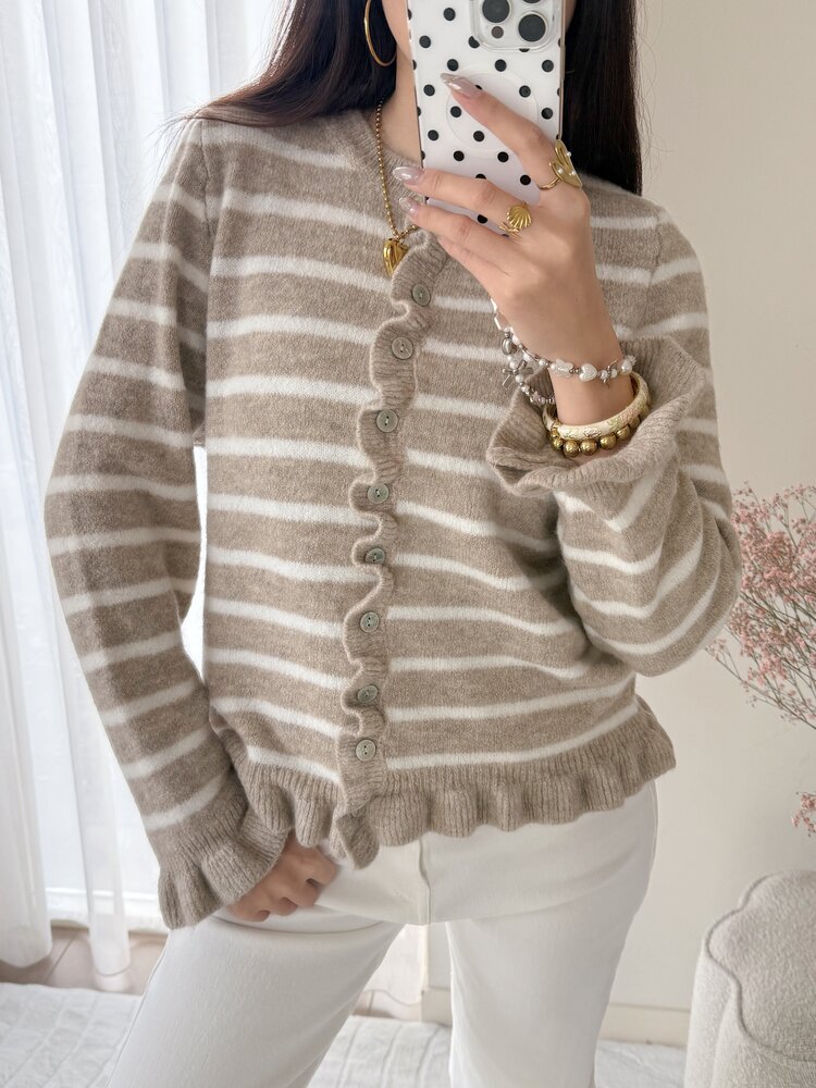 Svea Striped Ruffle Cardigan / Taupe