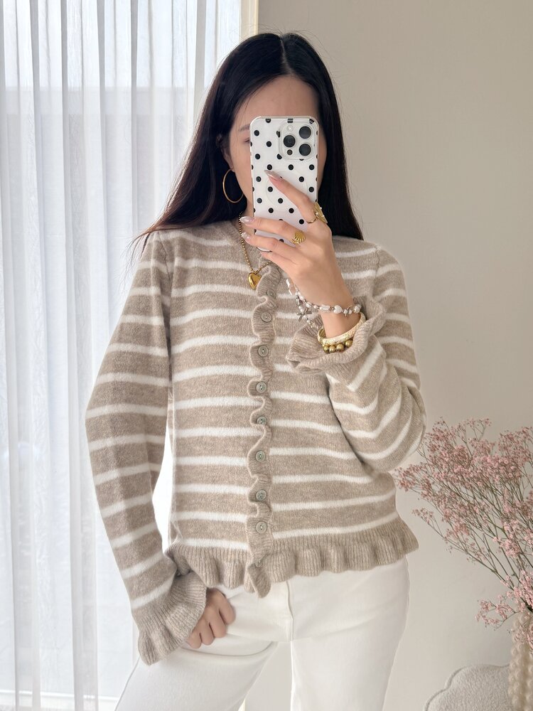 Svea Striped Ruffle Cardigan / Taupe