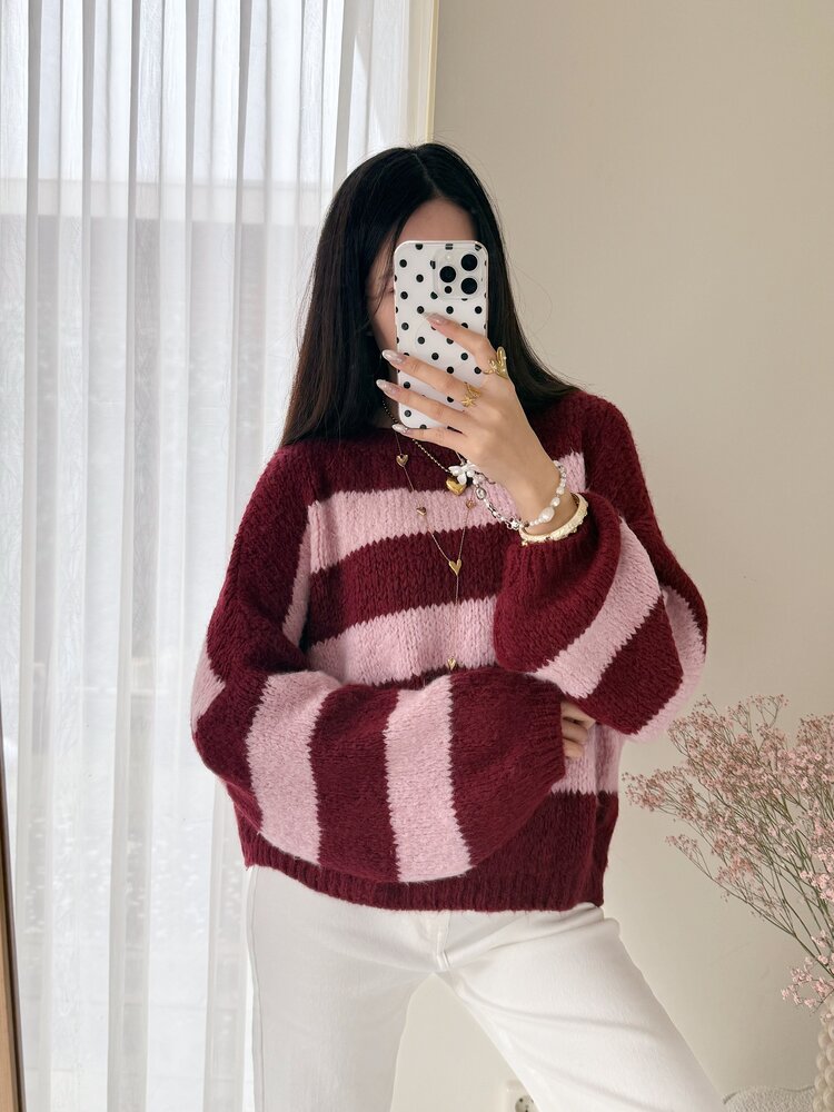 Lucia Oversized Striped Sweater / Bordeaux & Pink