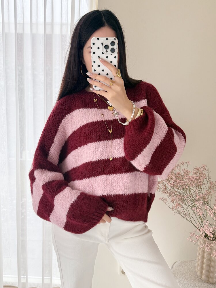 Lucia Oversized Striped Sweater / Bordeaux & Pink