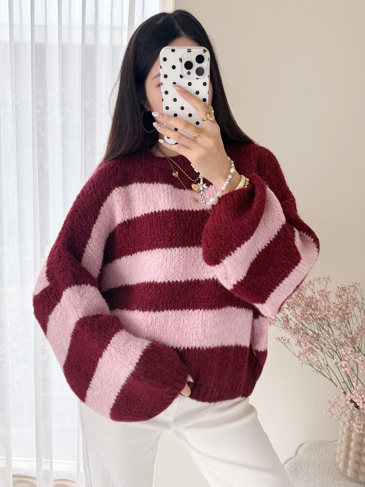 Lucia Oversized Striped Sweater / Bordeaux & Pink