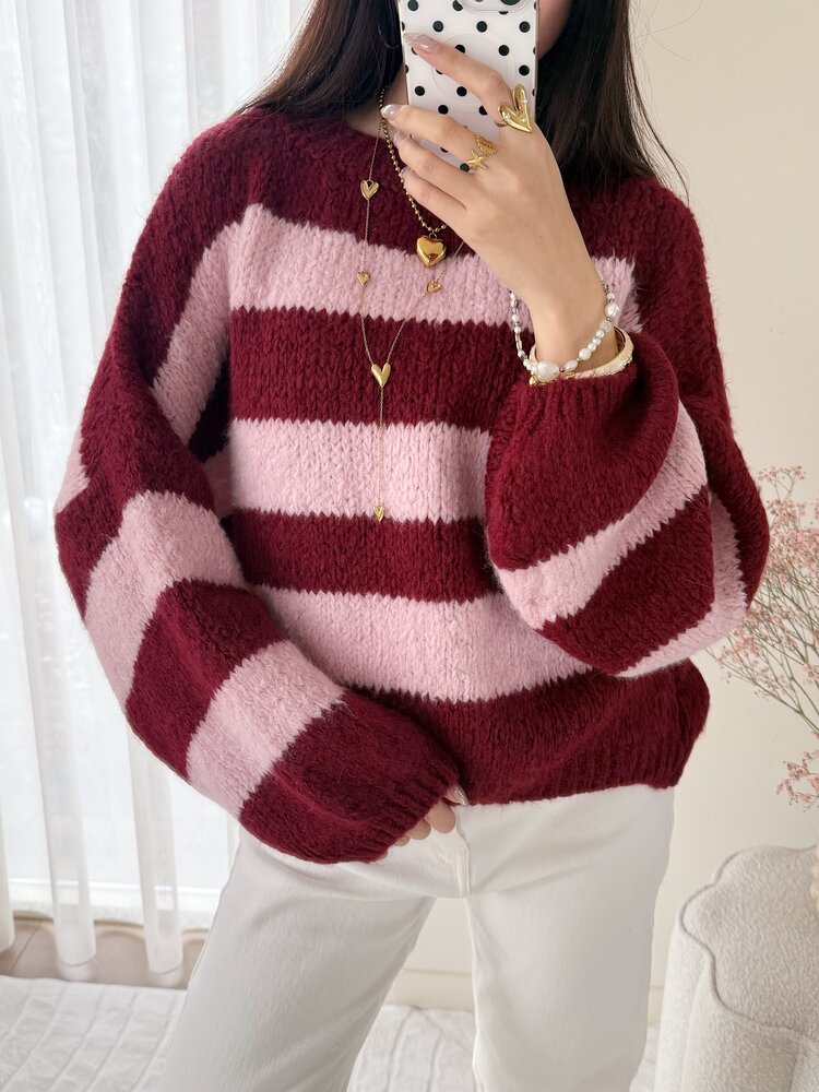 Lucia Oversized Striped Sweater / Bordeaux & Pink