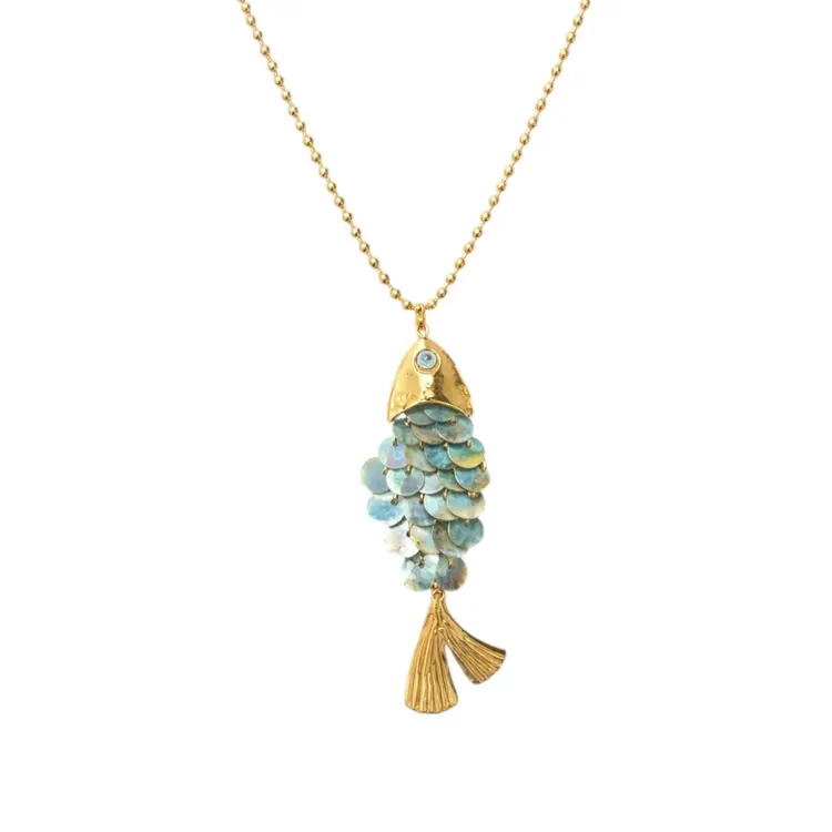 Gold Koi Fish Sequin Long Necklace / Blue