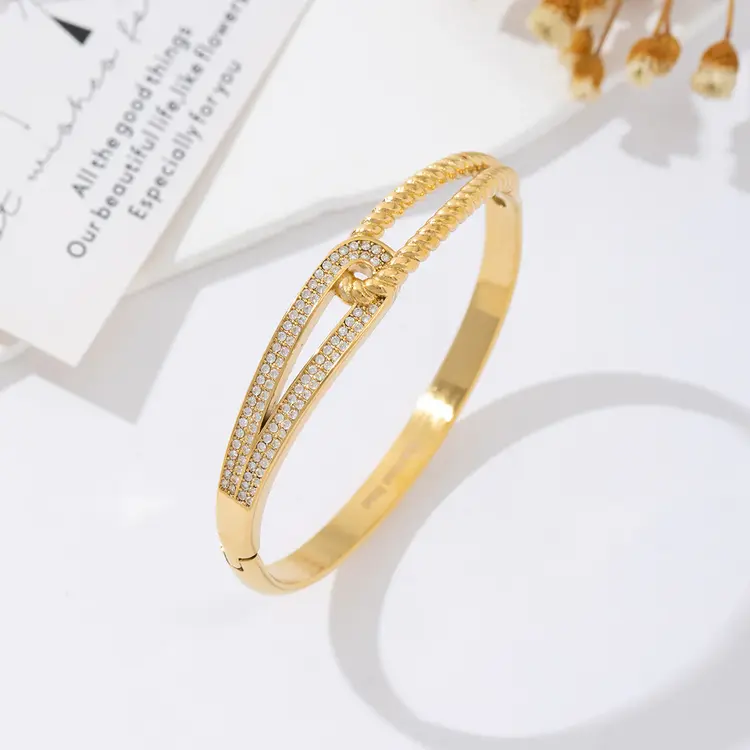 Gold Zircon Hooked Bangle Bracelet